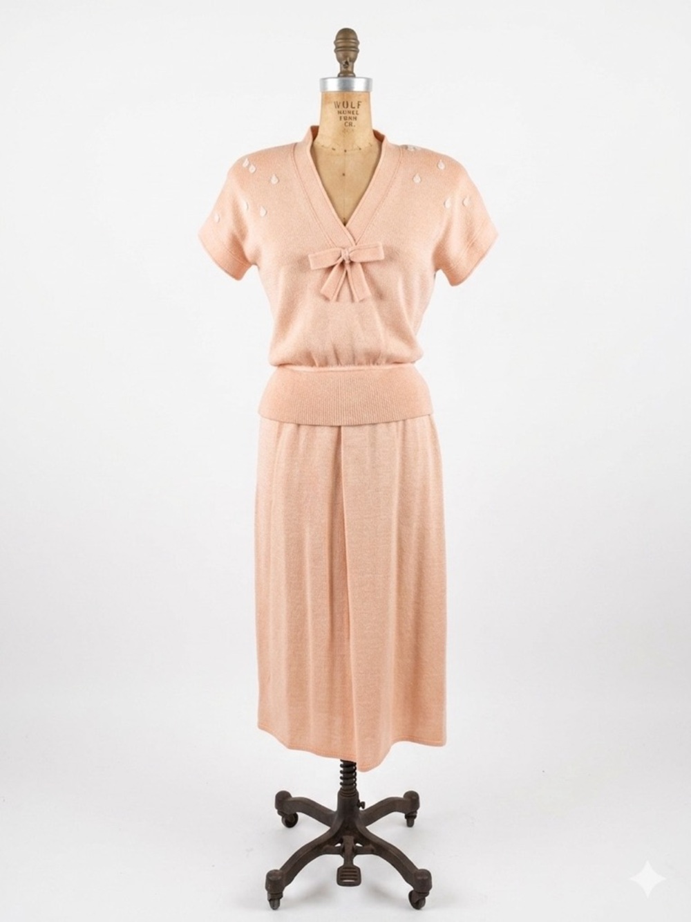 Vtg St. John Santana Knit Skirt Set Peach Pink Bow 2pc Dress Marie Gray 80s